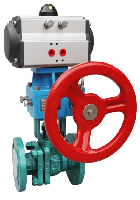 Pneumatic fiuorine lined ball valve with manual operation