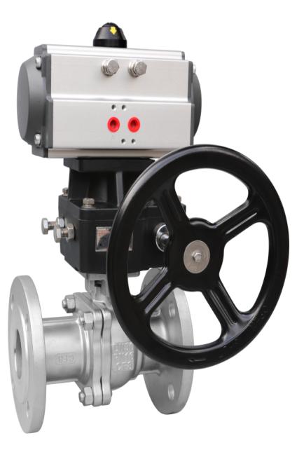 Pneumatic flanged ball valve with manual operation